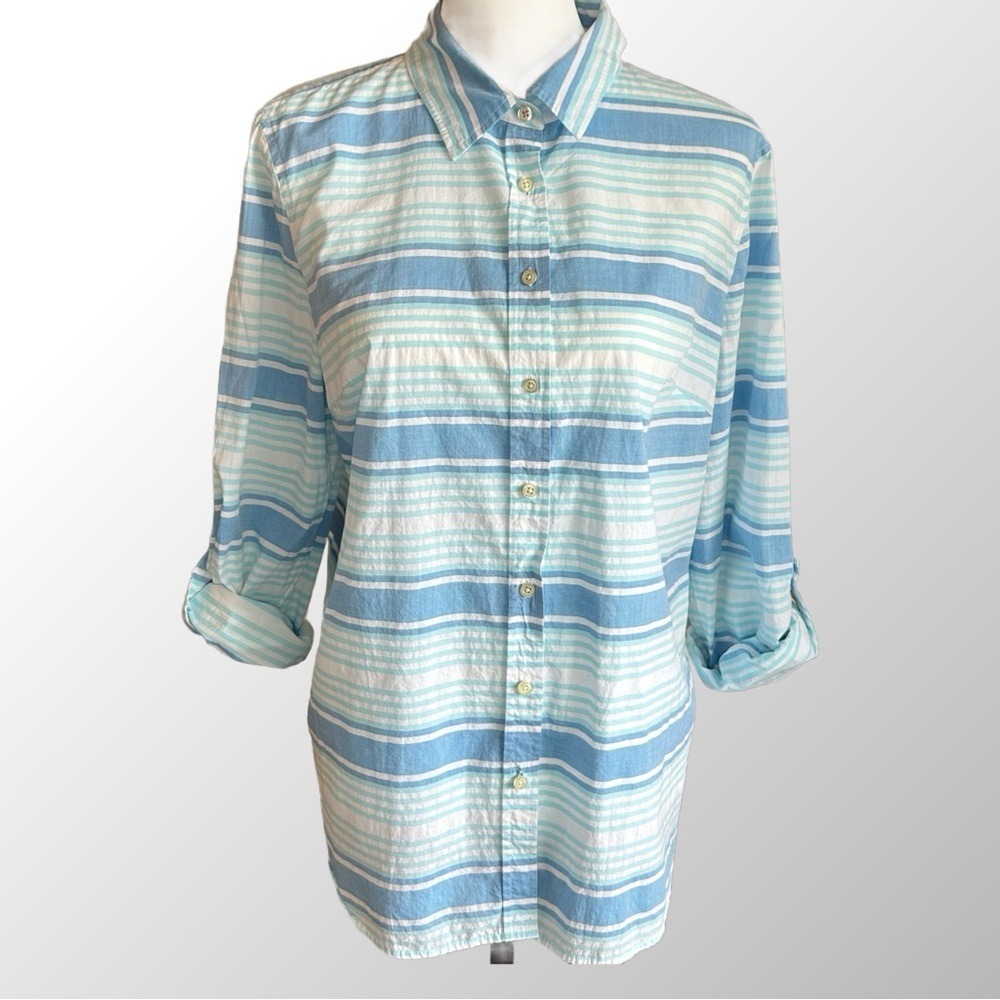 Talbots Top Size Large Blue & White Vertical Stripe Button Down w Tab Sleeve
